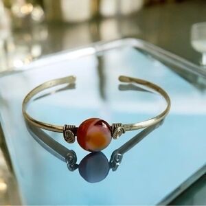 Women's Amber Gemstone Silver Tone Navajo Style Open Bangle Bracelet VG